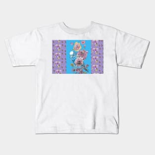 Blue Purple Budgie and Rose Flower Pattern Kids T-Shirt